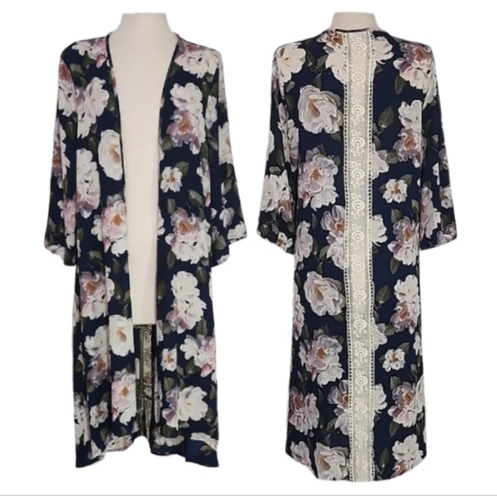Umgee Kimono Large Flowers Lace Strip On Back Navy Multi Size S